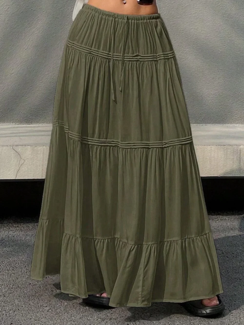 Olive Green Casual Women's Tie-Waist Ruffle Hem Long Skirt